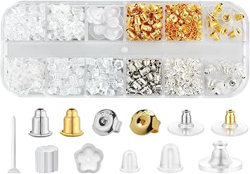 12 Styles 600 Pcs Earring Backs for Studs, Clear Plastic Earrings Hypoallergenic Metal Rubber Silicone Earring Backs Bullet Clutch Stoppers Replacement Kits for Fish Hook Earring Studs Hoops