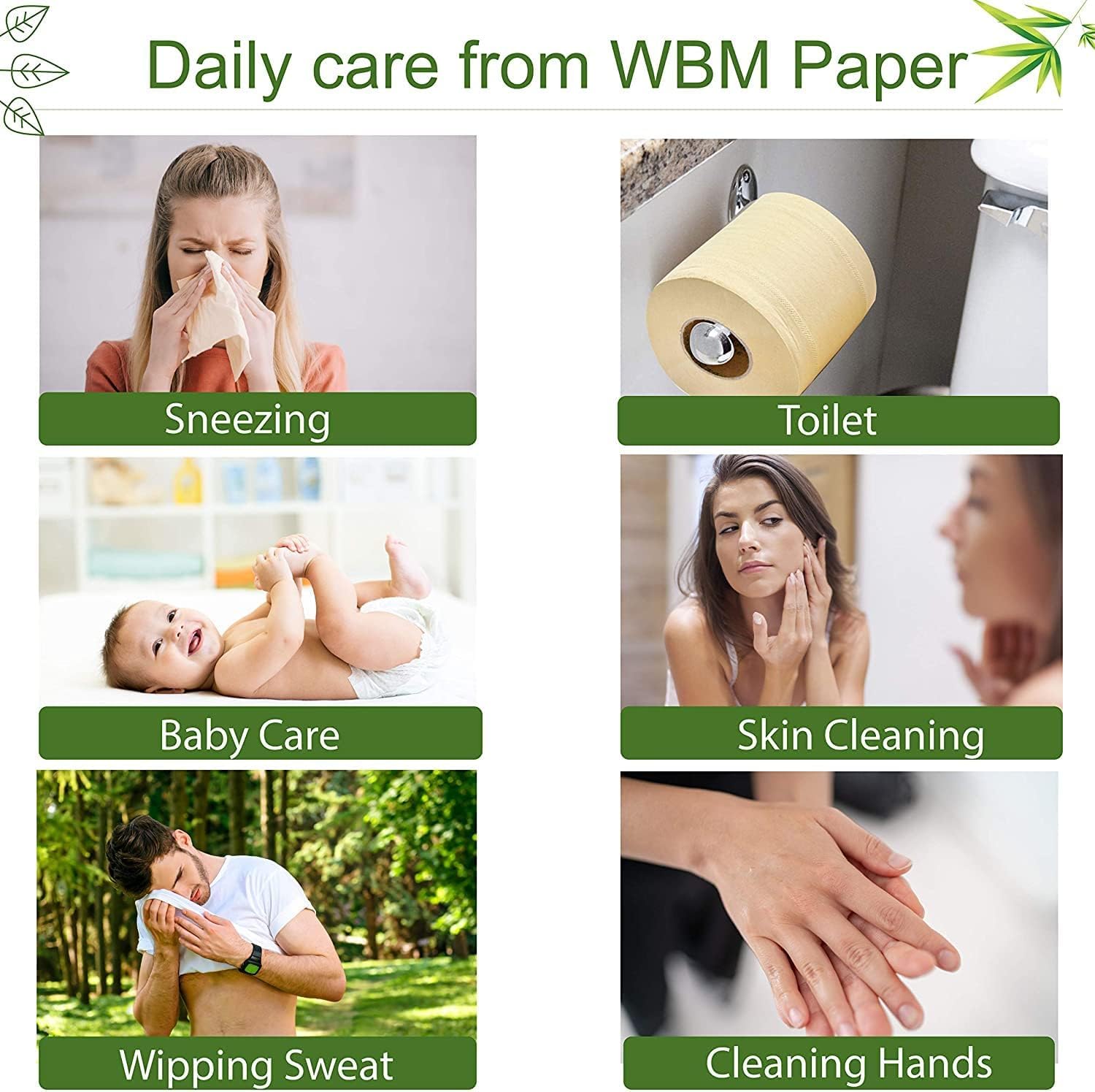 WBM Care W8103-B4-P30-1 - Carta igienica in bambù, forte e flessibile, a 3 strati, completamente naturale, priva di alberi e sicure per l'igiene, 250 fogli, 30 rotoli