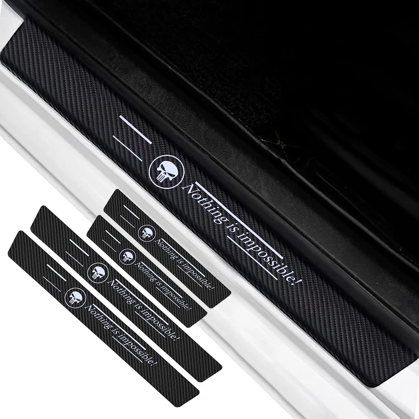 Hawyet 4 PCS Eco-Friendly Leather Car Door Sill Stickers, Carbon Fiber Leather Car Door Sill Protection Stickers, Covered with 3M Adhesive for Roewe RX3 RX5 (Black #Skull & Nothing is Impossible!)