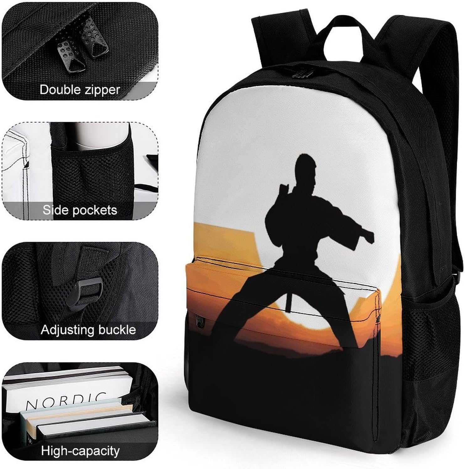 Karate Silhouette Backpack Daypack Travel Backpack | Lightweight Casual Laptop Backpack for Women Men Aesthetic Travel Bag for Weekender Business Hiking Outdoor
