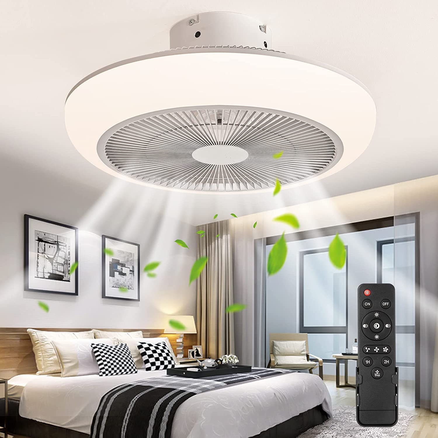 Modern Bladeless Ceiling Fan with Light, 18in Fan Light with Remote Control, Enclosed Low Profile Fan Light, Flush Mount Fan Light, Dimmable LED, 3 Color & 3 Wind Speed (White)