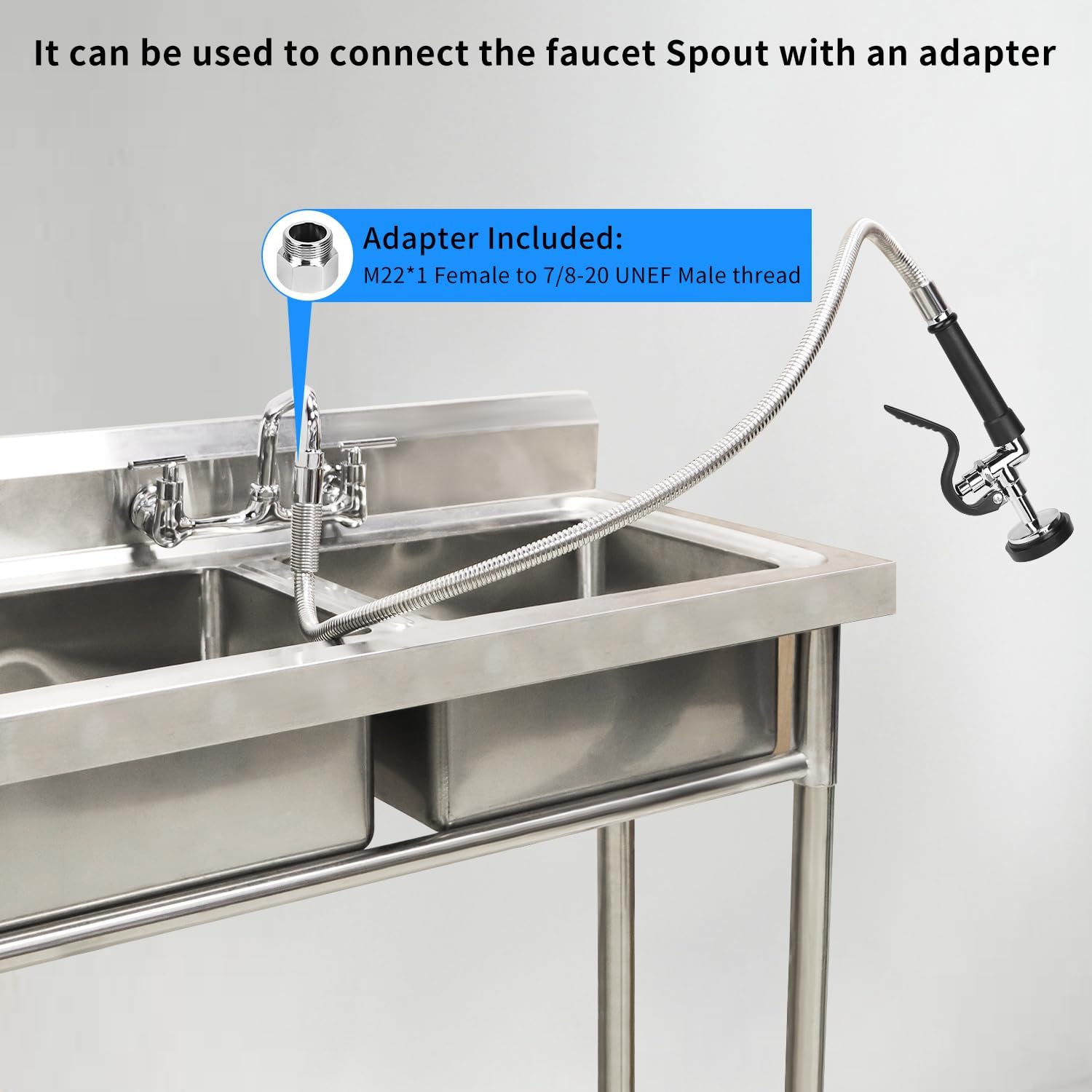 KWODE Pre-rinse Hose with Spray Valve, 45” Flexible Stainless Steel Hose with Black Pre Rinse Sprayer Head Assembly for Commercial Industrial Restaurant Kitchen Sink Faucet (3 Adapters Included)