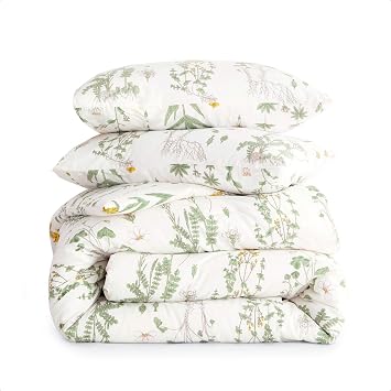 Wake In Cloud - Botanical Comforter Set, 100% Cotton Fabric, Floral Flower Cottagecore Neutral Shabby Chic Coquette Aesthetic, 3 Pieces Bedding Set, Yellow Green, Queen Size