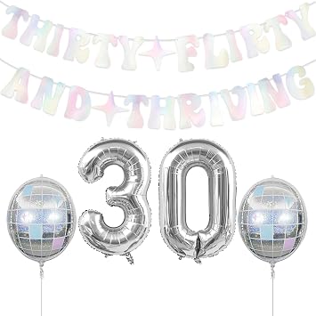 30th Birthday Decorations for Her Him Iridescent Happy 30th Birthday Decorations for Women Men Including Thirty Flirty And Thriving Banner Disco Ball Foil Balloons for 30th Birthday Party Supplies