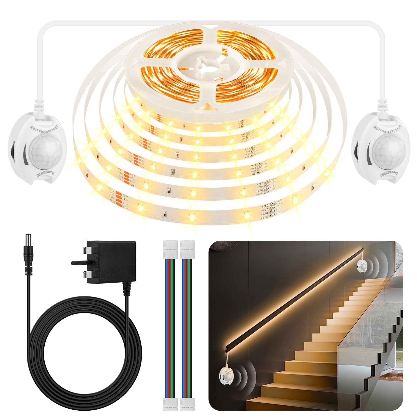 Taormey Motion Sensor LED Strip Under Bed Lights, 6 Meters Warm White LED Light Strip with Two Motion Sensors for Bedside, 12V Dimmable Motion Activated LED Strip for Under Cabinet Stair Closet