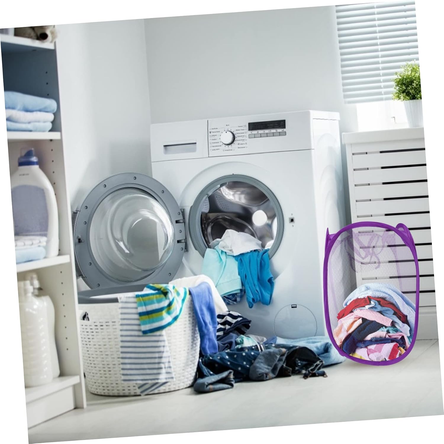Purple Foldable Laundry Hamper Basket with Side Pocket | Nylon and Steel Wire Structure, Two Handles, Breathable Design, Folds Flat for Storage and Easy Carrying
