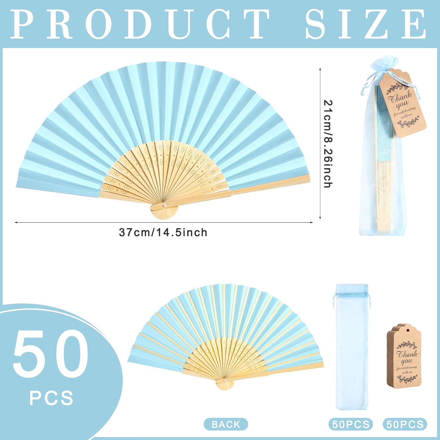 Roowest 50 Pack Paper Folding Fans Bamboo Wedding Favors, Blue image 2