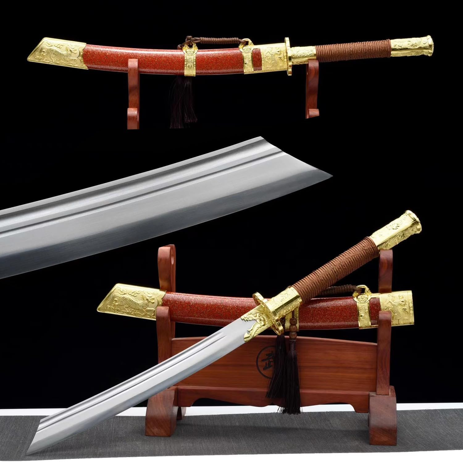 HERO SWORD 31'' Chinese Sword Emperor Kangxi Sabre Real Combat Sharp Manganese Steel Full Tang Blade Sword Cool Broadsword Cold Weapon for Men,Gold Red