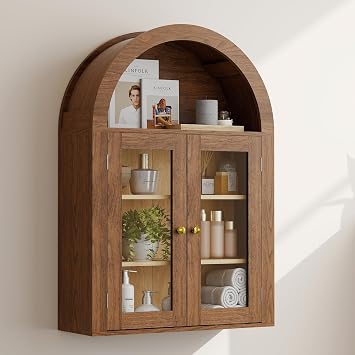 EAG Arched Wall Cabinet, Bathroom Medicine Cabinet with Glass Doors & Adjustable Shelves, Floating Storage Cabinet for Wall Over The Toilet Storage Cabinet Space Saver, Brown