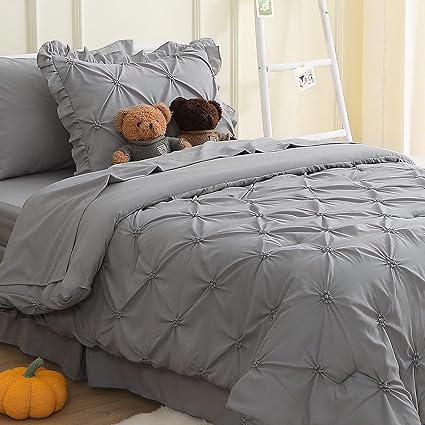 JOLLYVOGUE Gray Bed in a Bag Comforter Set for Bedroom, Pintuck Twin Size Comforter Sets 5 Pieces, Beddding Sets with Comforter, Sheets,Ruffled Shams & Pillowcases