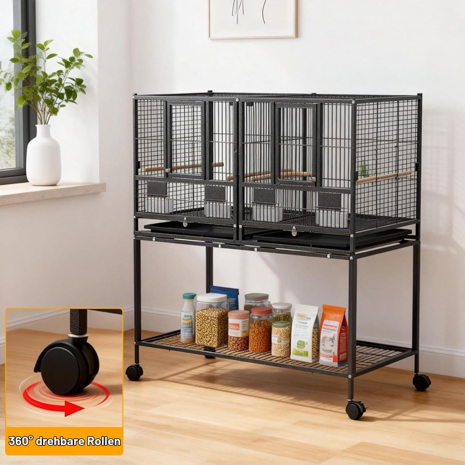 GarveeLife Vogelvoliere Großer Vogelkäfig Mit 2 Türen Vogelhaus Mit Holzstangen, 4 Rollen Und Herausziehbarer Reinigungswanne Vogelkäfig Geteilter Brutkäfig Für Kleinvögel, 94x45x106cm
