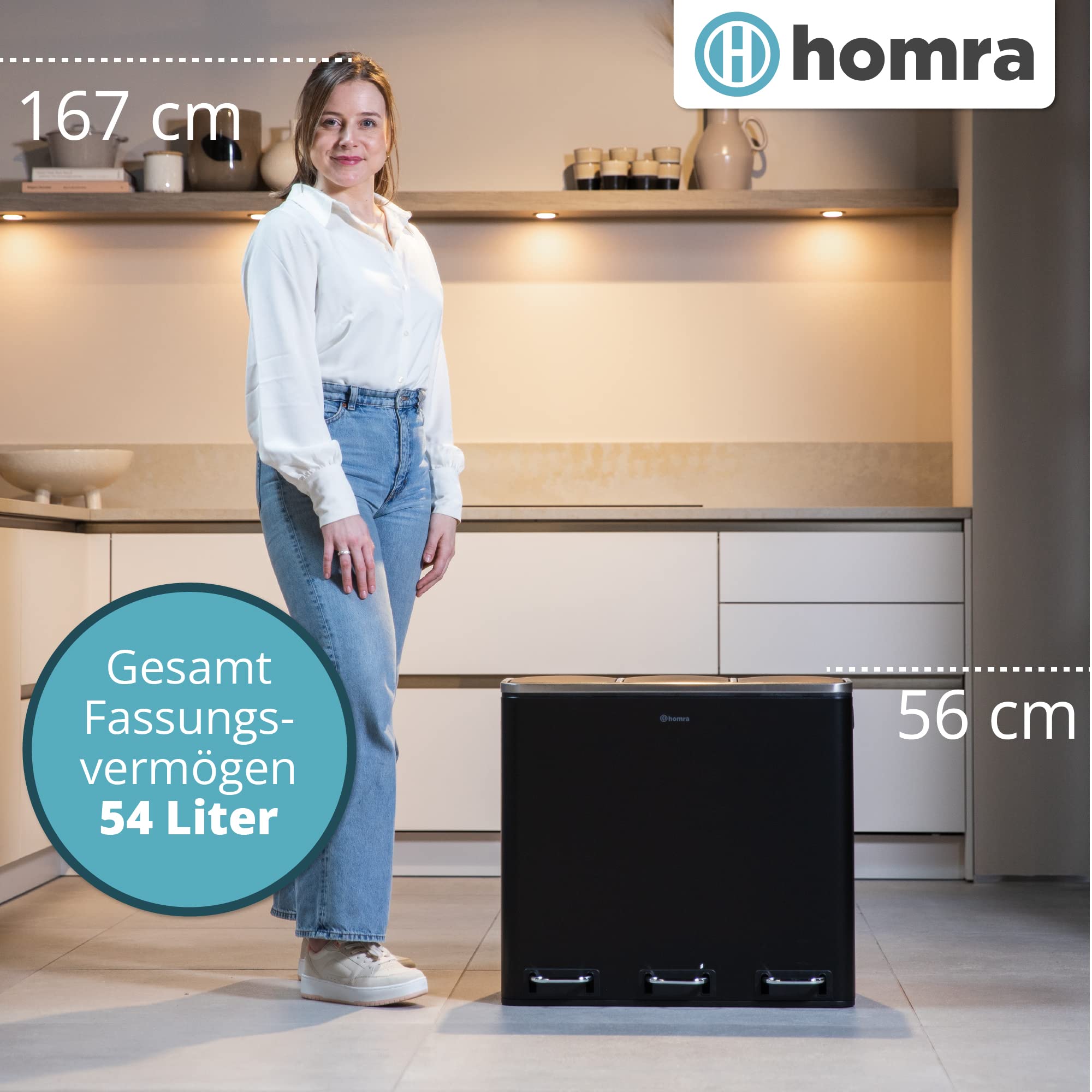 Homra Mülleimer Küche 3 Fächer Sparq 54l | Mülltrennsystem 3Fach | Edelstahl Treteimer 3x18 Liter | Trennsystem 3 Inneneimern | Abfall & Recycling | Abfalleimer Tretmülleimer Softclose | Schwarz