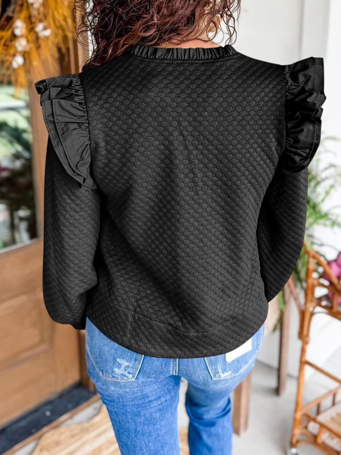 Cicy Bell Womens Ruffle Long Sleeve Sweatshirt Notched V Neck Textured Casual Pullover Tops Fall Loose Fit Blouses - Image 4