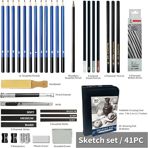 Miniatura 2 de MYBRELAR Kit de dibujo y dibujo, 41 lápices de dibujo profesionales para kit de bocetos con cuaderno de bocetos, lápices de grafito y carbón, juego