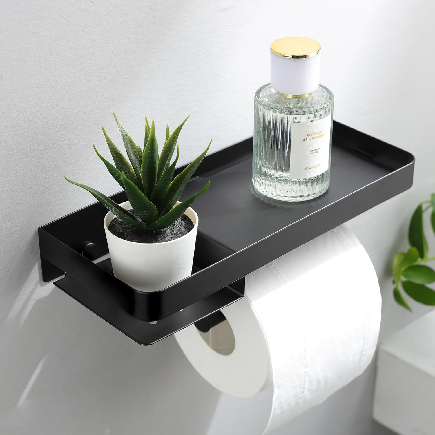 Toilet Paper Holder - Modern Luxury 304 Stainless Steel Rustproof Wall Mount Roll Holders, Matte Black for Master Bathroom/Small Space, Anti-Slip Shelf Holds Phone, Wipes & Small Items