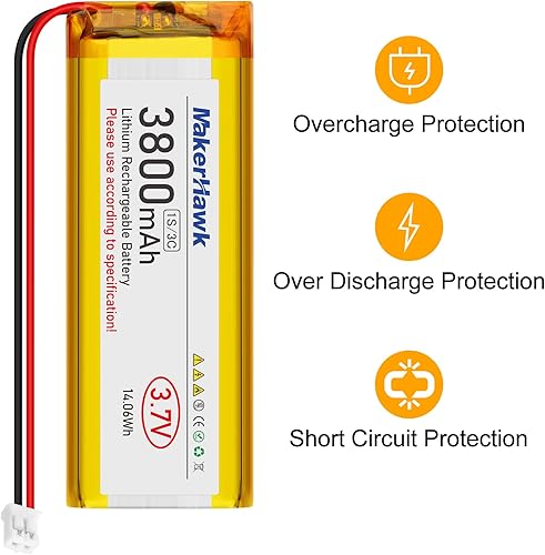 Miniatura 5 de MakerHawk Batería LiPo de 3.7 V 3800 mAh recargable 1S 3C 113386 Batería de polímero de litio con placa de protección de batería dual, enchufe micro