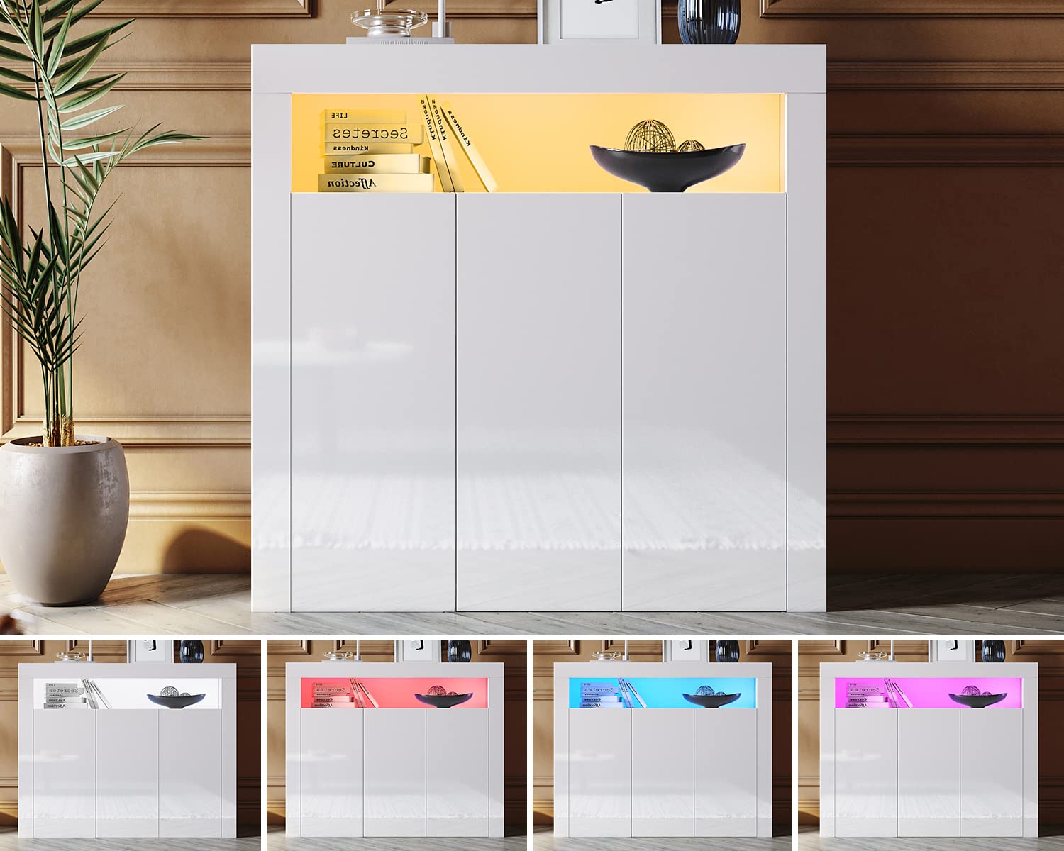 SONNI Groß Sideboard Kommode mit 3 Hochglanz Türen, LED, 116x35x93cm, Weiß | Wohnzimmermöbel, Wohnzimmerschrank, Standschrank, 16 Farben RGB-Funktion mit 4 Grundfarben und 12 Verläufen für Wohnzimmer