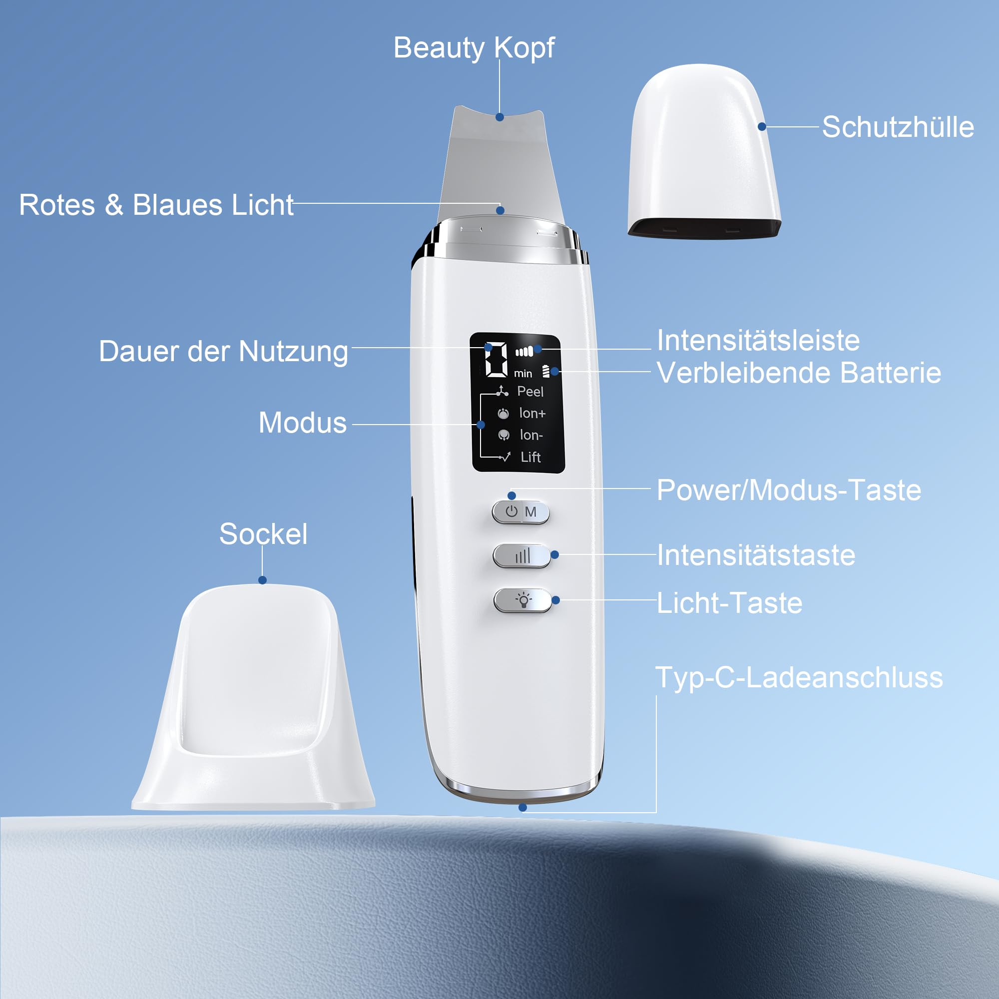 Skin Scrubber Ultraschall, Porenreiniger Gesicht mit 4 Modi und Einstellbarer Intensitä, Rotes Blaues Licht, LED-Anzeige und 5-Minuten-Autoabschaltung Mitesserentferner Gesichtsreinigung Gerät