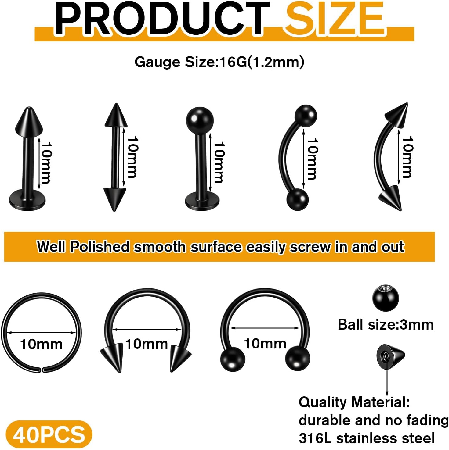 Skrfren 40 Pcs Black Piercing Jewelry Lip Horseshoe Labret Snake Bite Piercing Jewelry Eyebrow Body Jewelrys 16G Helix Earring Daith Tragus Cartilage Studs for Women Men