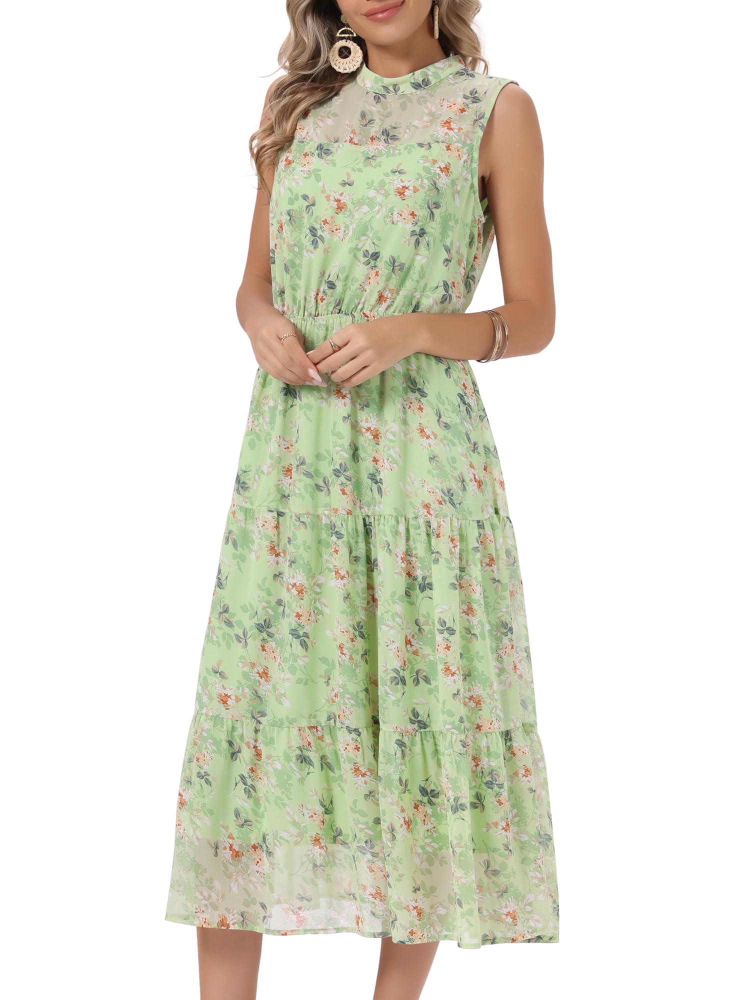 Seta T Abito estivo da donna in chiffon floreale, senza maniche, con collo alto, abito midi per feste di nozze
