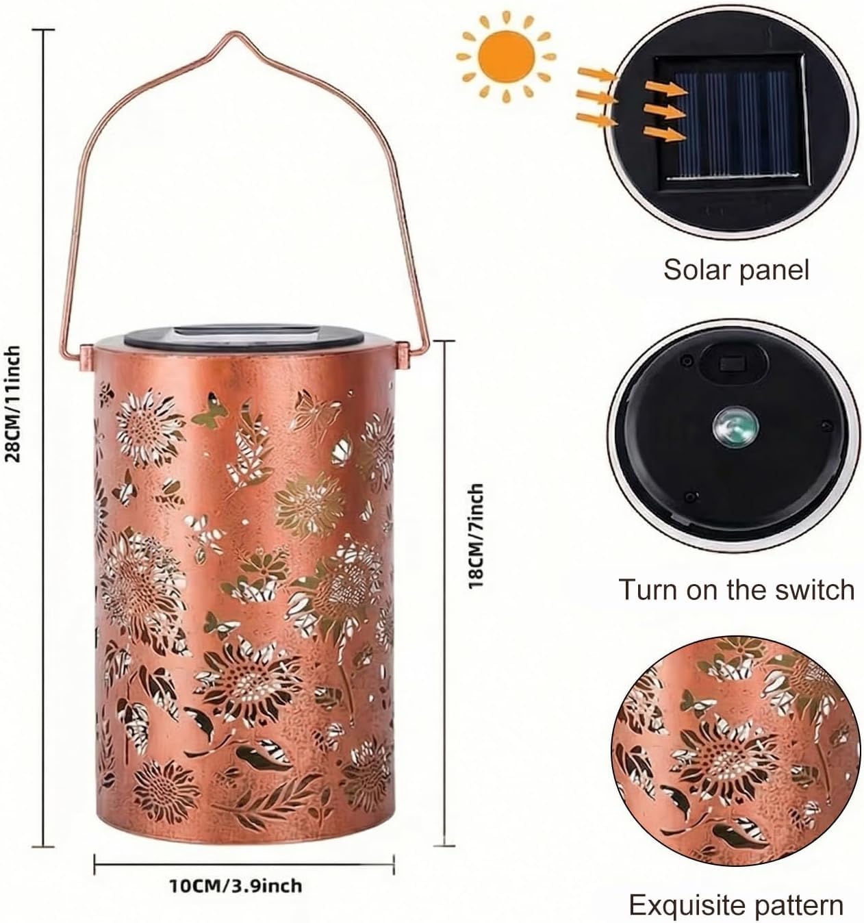 Lanterne de jardin solaire colorée de tournesol, Lanterne solaire de tournesol, Lanterne solaire suspendue avec projection colorée, Lumière solaire en métal imperméable pour patio (1 Pack)