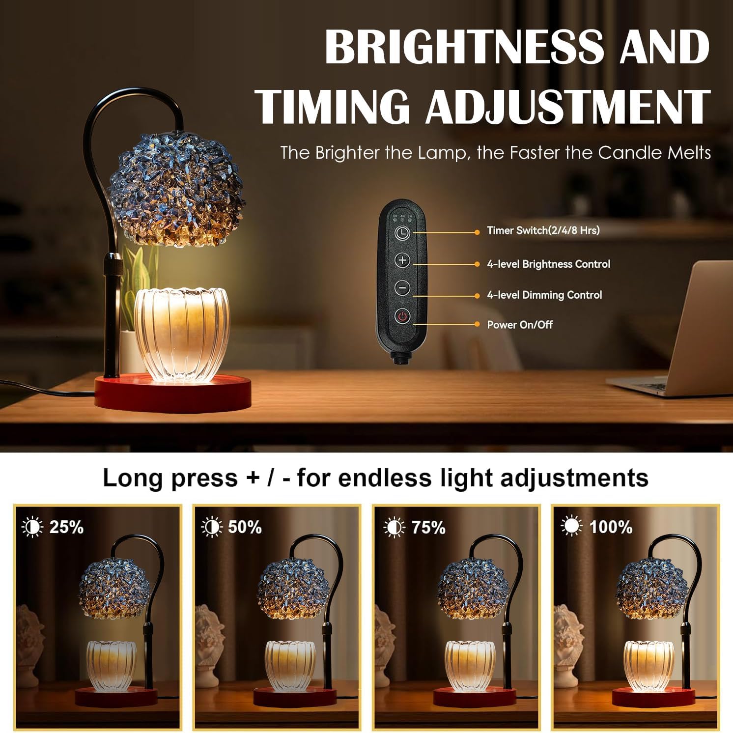 Candle Warmer Lamp with Timer, Dimmer Candle Lamp Warmer Adjustable Height, 312 K9 Crystals Lampshade Electric Wax Melt Warmer with 2 Bulbs, Wax Warmer for Scented Jar Candles (Black)