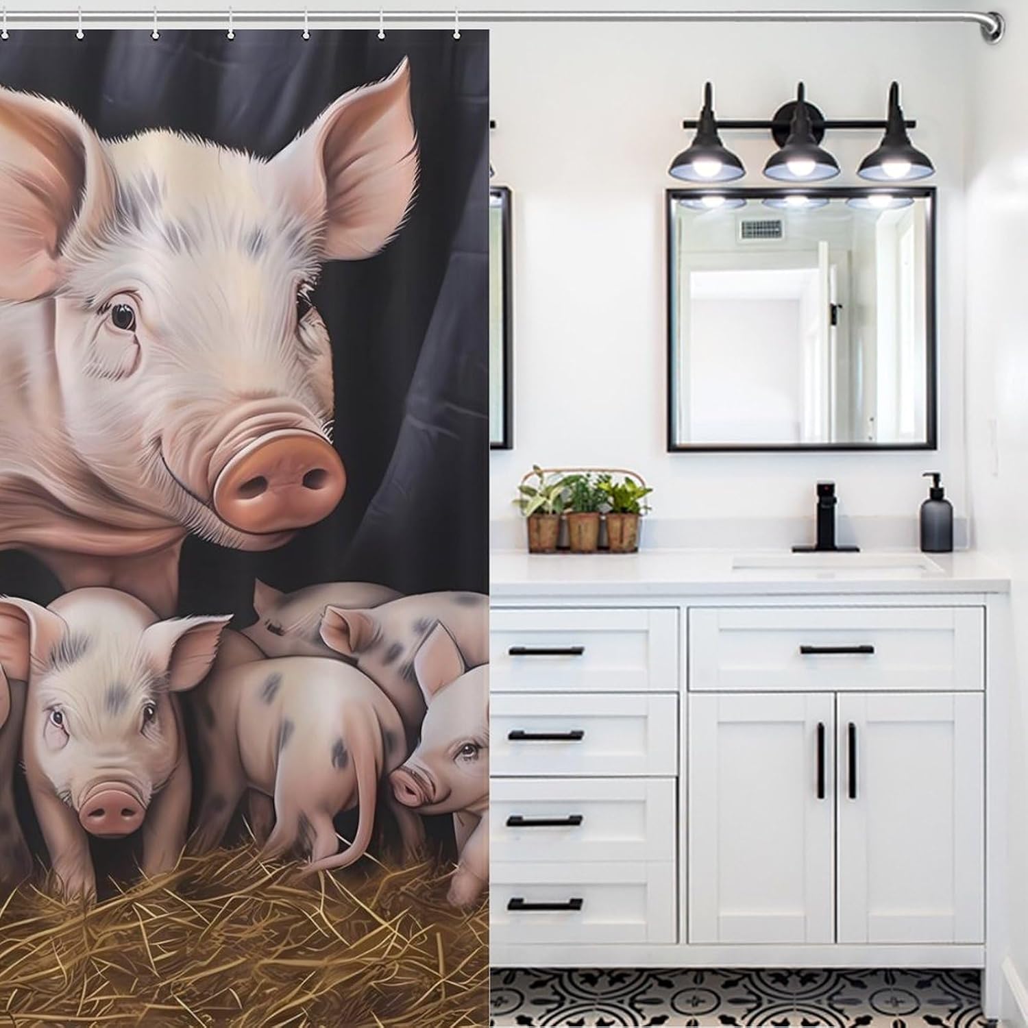 Pigs Piglets at Dinner Time Funny Shower Curtains Washable Bath Curtain Liner with Hooks for Bathroom Bath Tubs