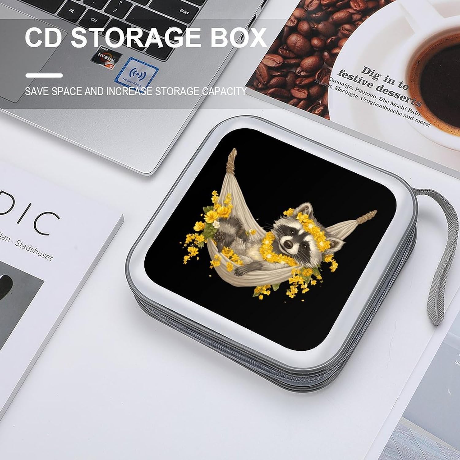 Raccoon Floral CD Case 40 Capacity DVD Case Holder Wallet Organizer for Car Home