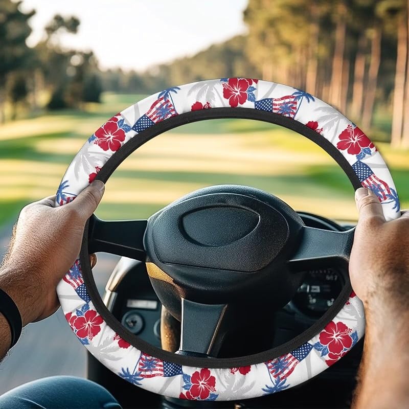 Capa para Volante de Carrinho de Golfe com Estampa de Hibisco e Bandeira Americana, 33–35,6 cm, Rarucativ