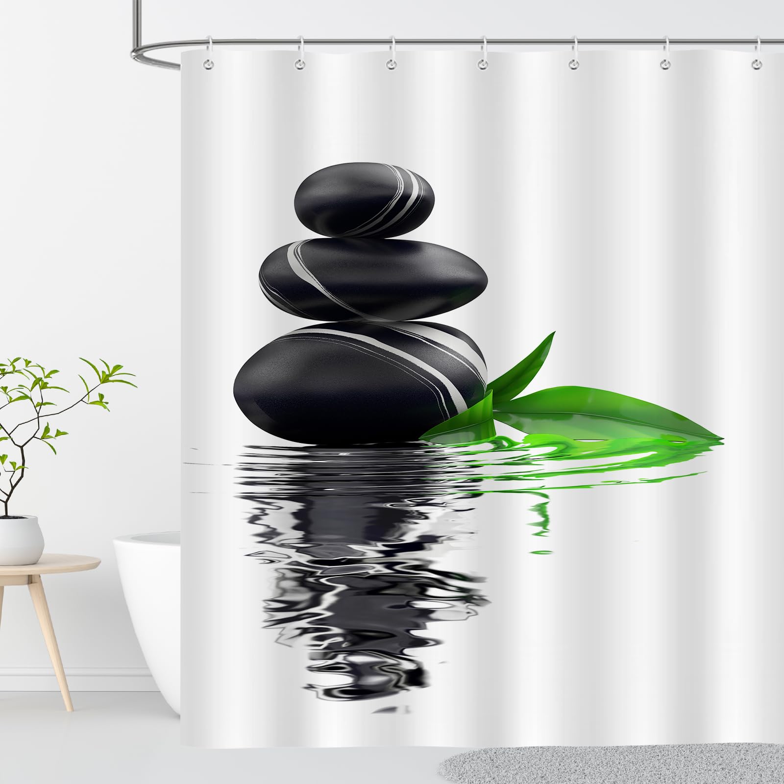 Cortina de Ducha Antimoho para Bañera 180x180 cm Estampada Piedras Cortina Ducha Tela Impermeable Poliéster Zen Cortinas de Baño con Anillas Lavable a Máquina - Blanca Negra