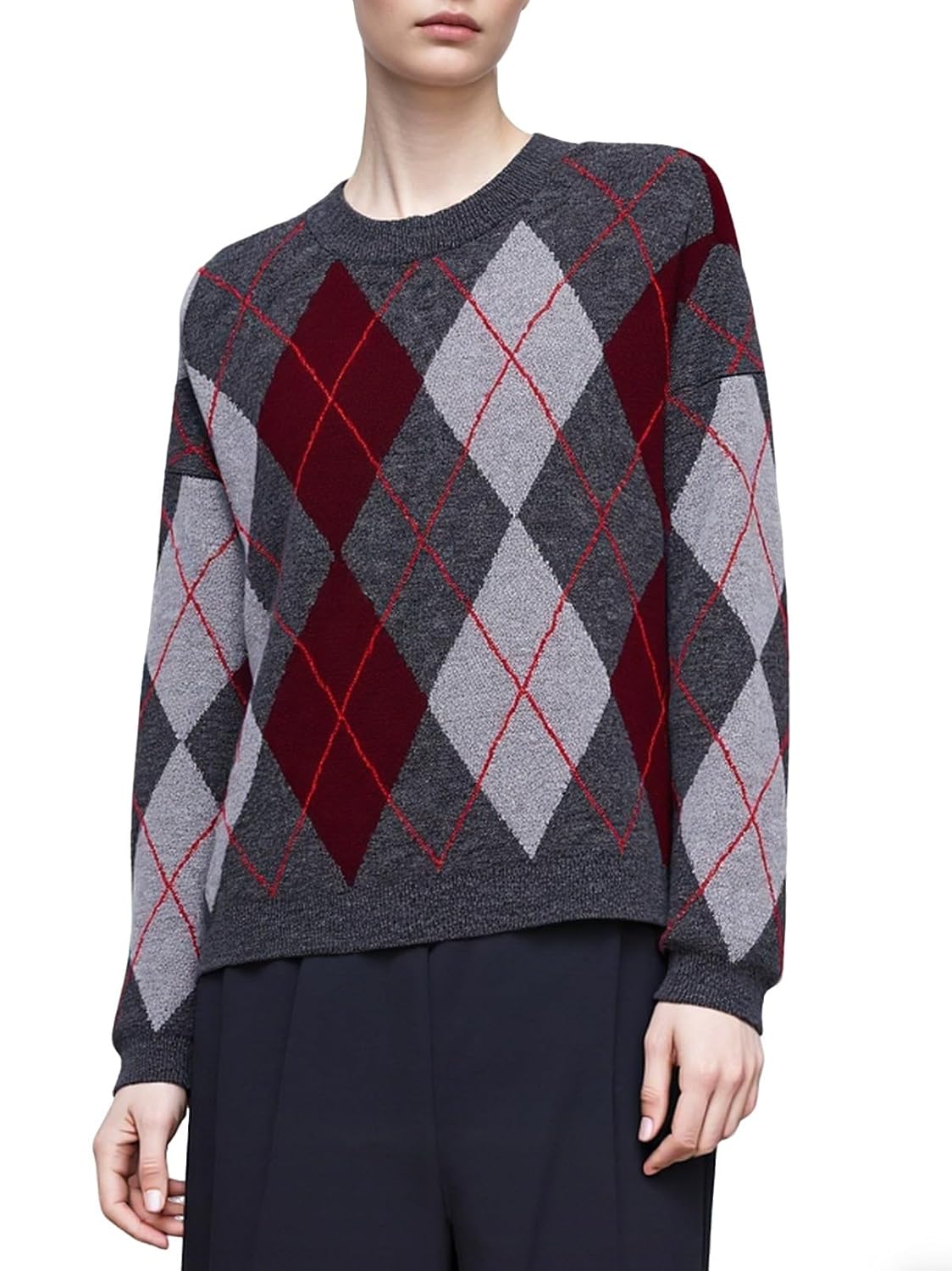 CHARTOU Womne Plaid Argyle Pullover Sweater Color Block Crewneck Long Sleeve Knitted Jumper Tops