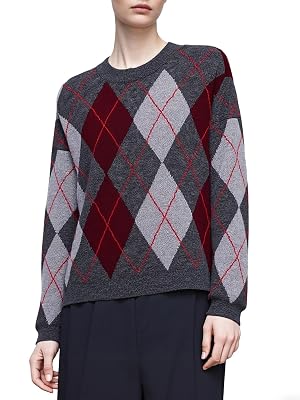 CHARTOU Womne Plaid Argyle Pullover Sweater Color Block Crewneck Long Sleeve Knitted Jumper Tops