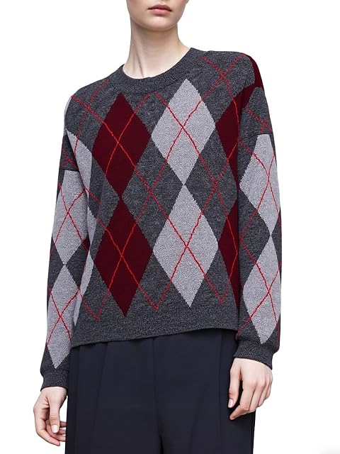 CHARTOU Womne Plaid Argyle Pullover Sweater Color Block Crewneck Long Sleeve Knitted Jumper Tops