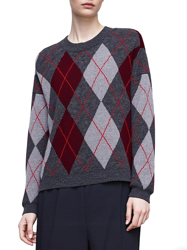 CHARTOU Womne Plaid Argyle Pullover Sweater Color Block Crewneck Long Sleeve Knitted Jumper Tops