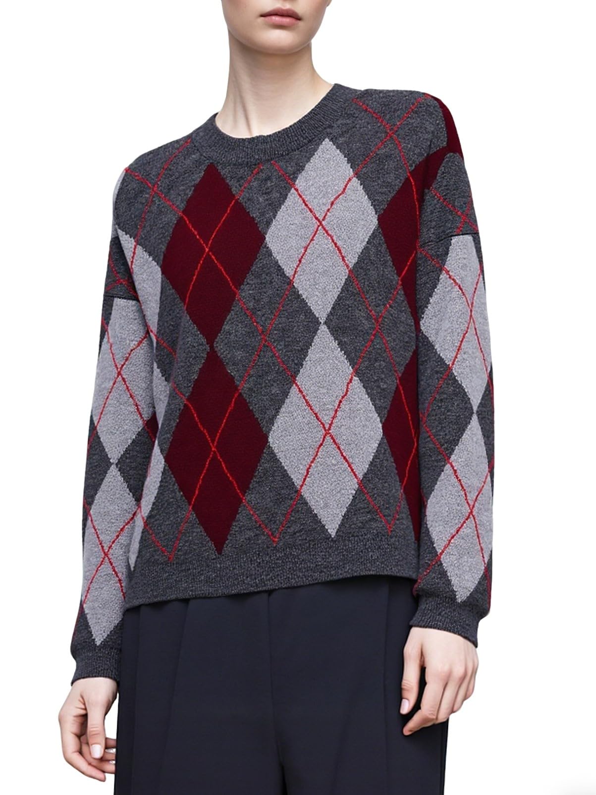CHARTOU Womne Plaid Argyle Pullover Sweater Color Block Crewneck Long Sleeve Knitted Jumper Tops