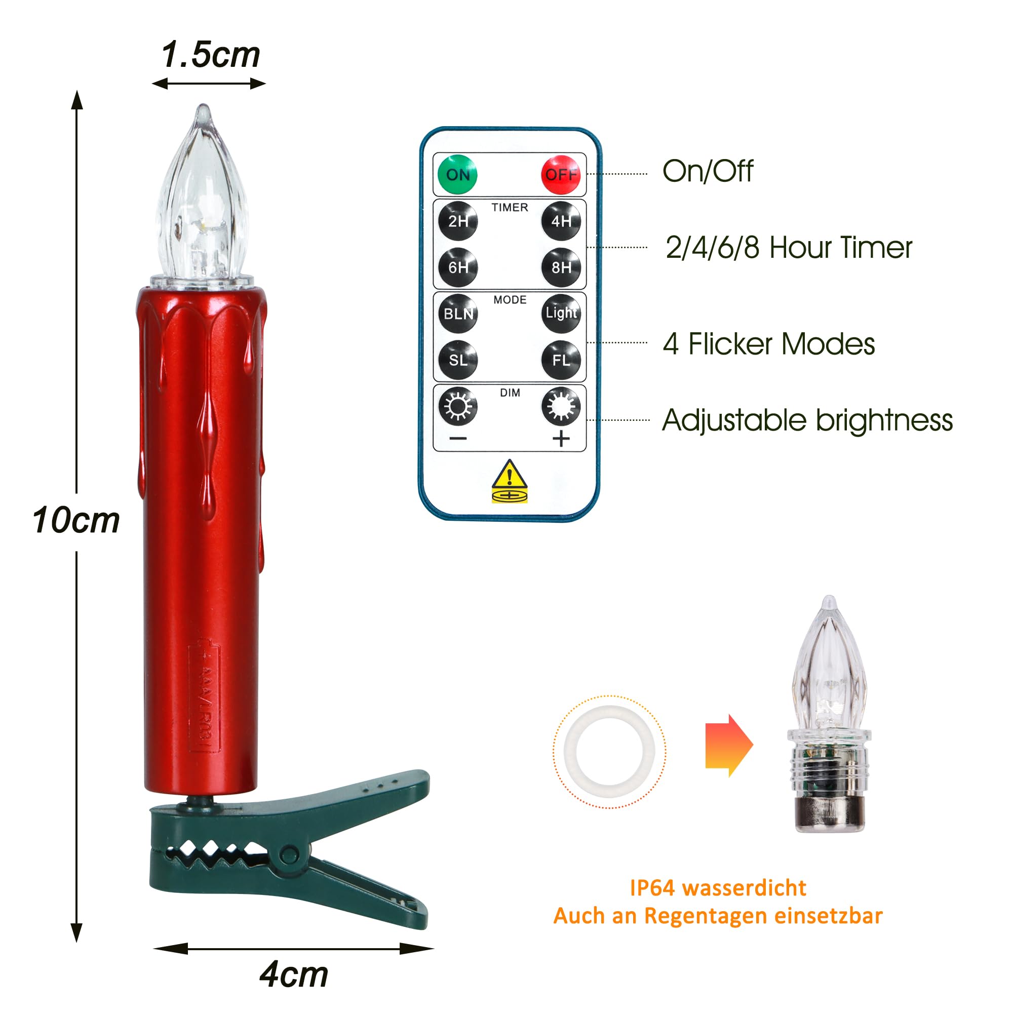 FREEPOWER 20 Velas LED árbol de Navidad Rojas con Mando a Distancia Temporizador Parpadeantes, Blanco Cálido, Velas LED Navidad, Funciona con Pilas, Interior y Exterior Impermeable（Incluye 20 pilas）