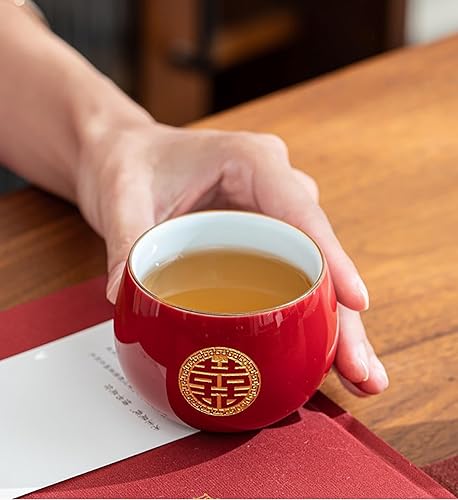 Miniatura 3 de Juego de té chino de Kung Fu de 6, juego de té de boda rojo de porcelana de doble felicidad, suministros de decoración de boda tradicionales chinos,