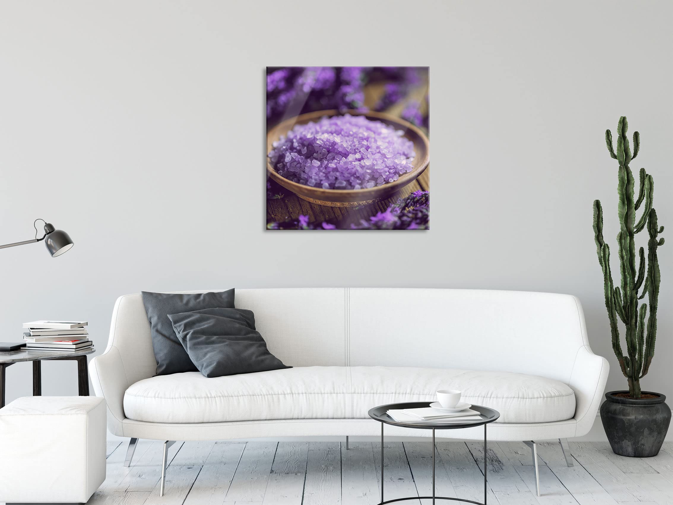 Pixxprint Glasbild, Wandbild auf Echtglas, Badesalz auf Holzuntergrund, 50x50 cm, inkl. Aufhängung und Abstandshalter