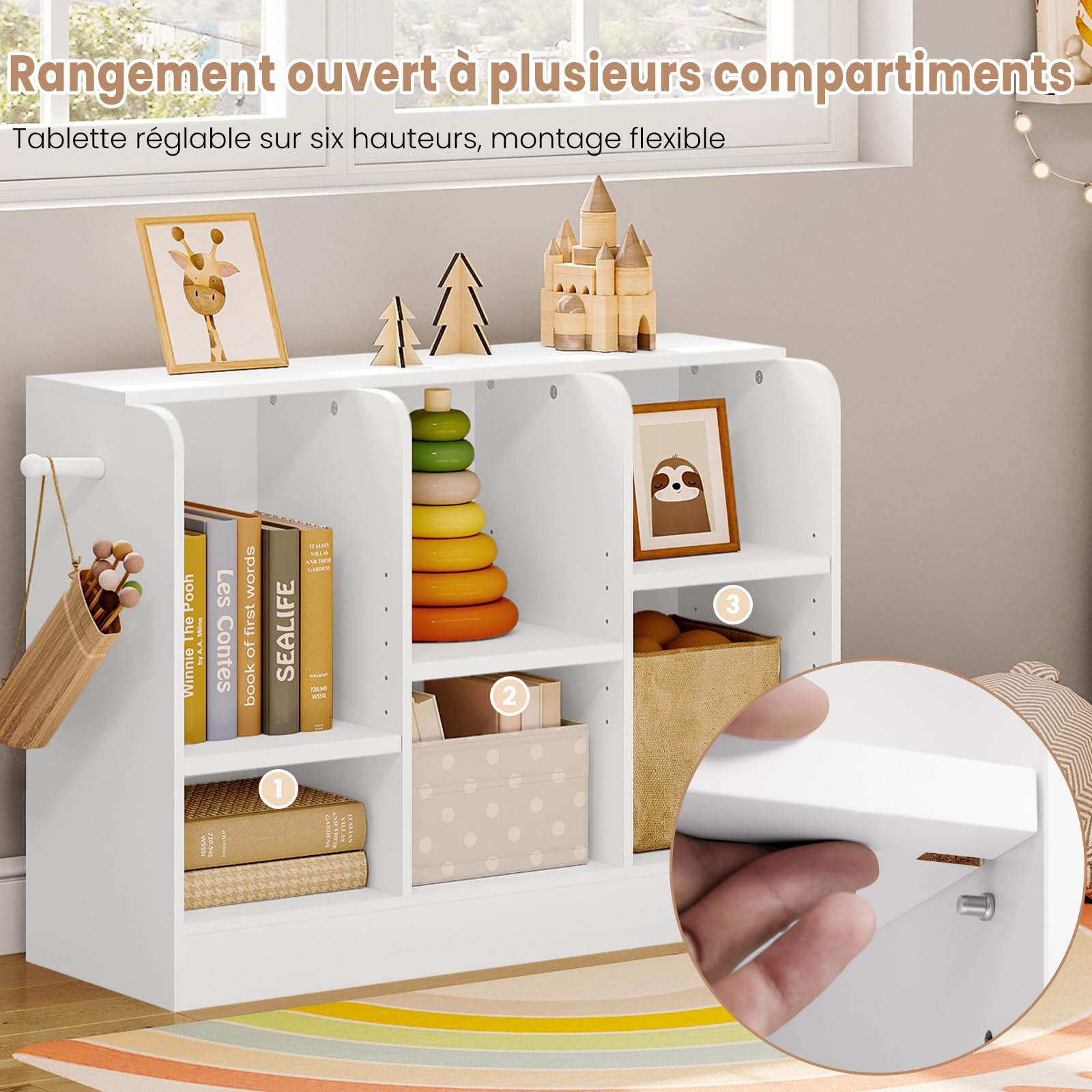 Lestarain Bibliothèque Enfant, Étagère à 6 Compartiments, Meuble Rangement avec Étagères Réglables, pour Chambre d'Enfant, Salle de Jeux, 91,5x30x60cm, Blanc