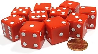 Koplow Games Set of 10 Large Six Sided Square Opaque 19mm D6 Dice - Red with White Pip Die
