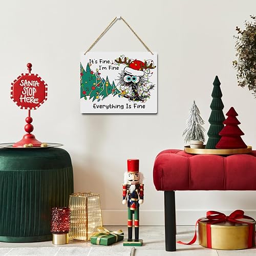 Miniatura 6 de Cartel colgante de madera con diseño de gato negro para decoración de pared de árbol de Navidad, decoración de pared con texto en inglés Everying Is