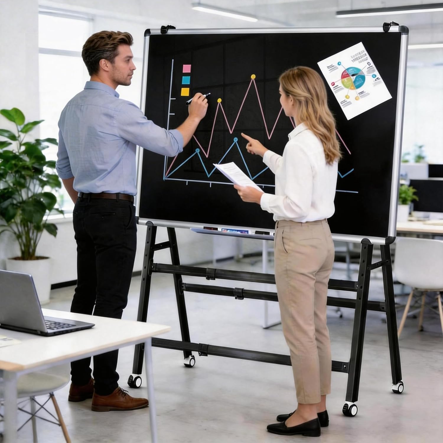 Magnetic Double-Sided Rolling Dry Erase Blackboard with Stand Height & Width Adjustable, A-Frame Foldable Stand Black Board on Wheels, 48 x 36 Mobile Standing Whiteboard(Black)