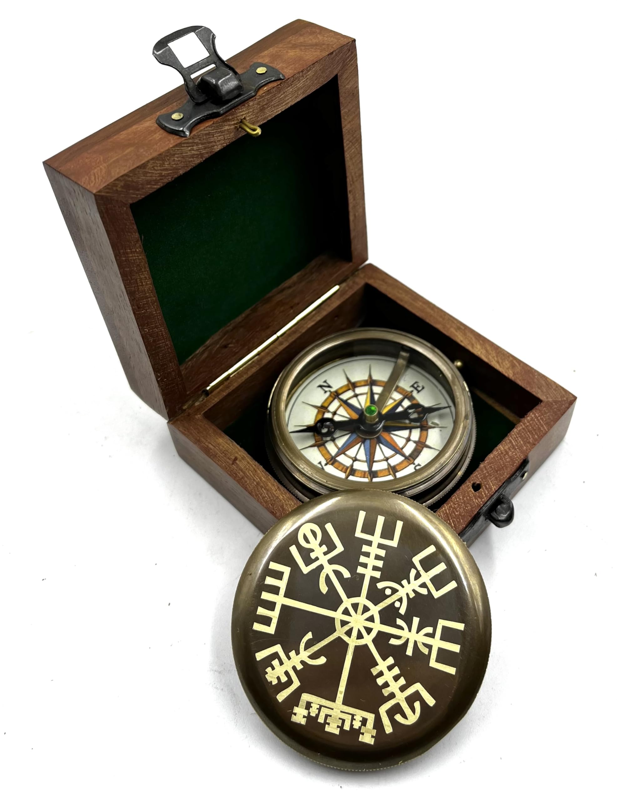 Viking Engraved Lid Pocket Round Compass Brass Nautical with Wood Box Birthday Gift for Your lovedones-image-46
