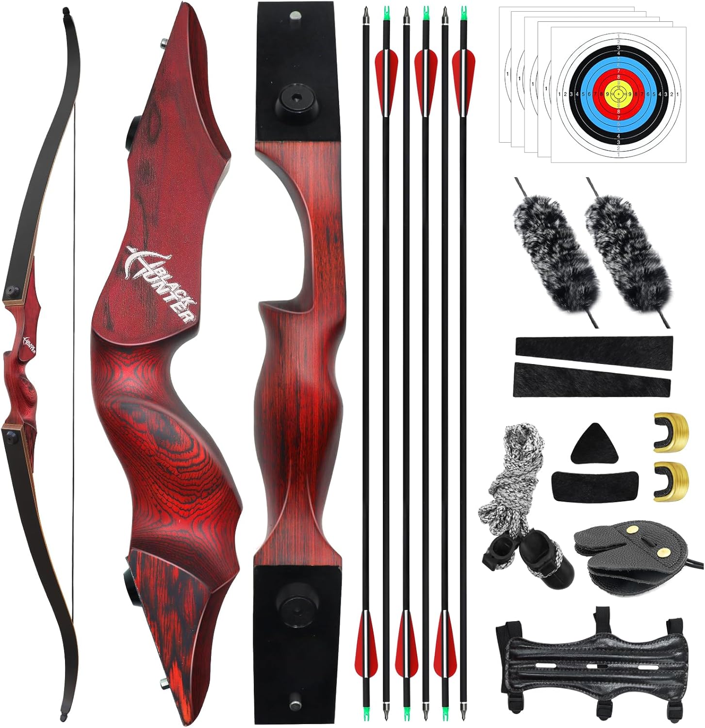 Black Hunter 60'' Left Hand Archery Recurve Bow and Arrows Set with Paper Target for Adults Outdoor Hunting Red Recurve Bow Kit