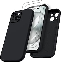 ORNARTO Cover for iPhone 15 Silicone 6.1 Inch with 2 Tempered Glass Films, Soft Liquid Silicone Protection, Shockproof Ultra-Thin Protection Case iPhone 15 – Black