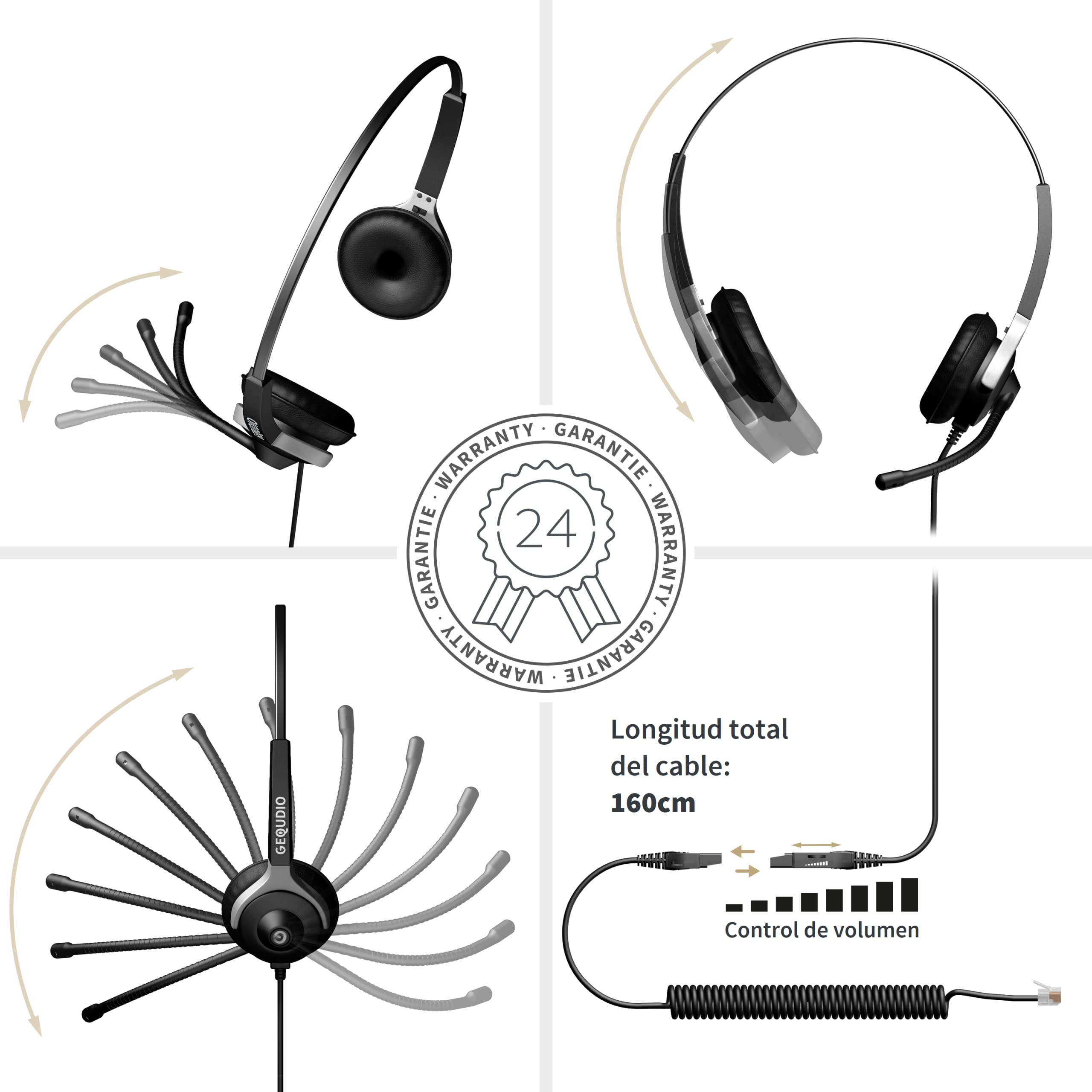 GEQUDIO Auriculares adecuados para Mitel, Aastra, Fanvil, Poly/Polycom y Gigaset teléfono con RJ - Almohadillas de Repuesto para Auriculares - 80 g de Peso (2 Altavoces)