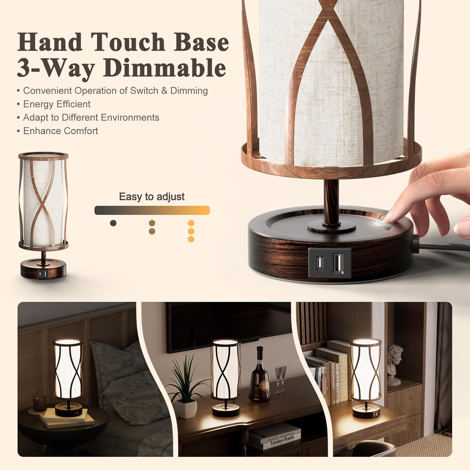 N10-2 Farmhouse Table Lamp Dimmable Touch Control Plug in Lamps Linen Rustic Desk Lamp IImitation Wood Metal Base Vintage Nightstand Table Lamp with USB Port for Bedroom Bedside (Bulb Included)