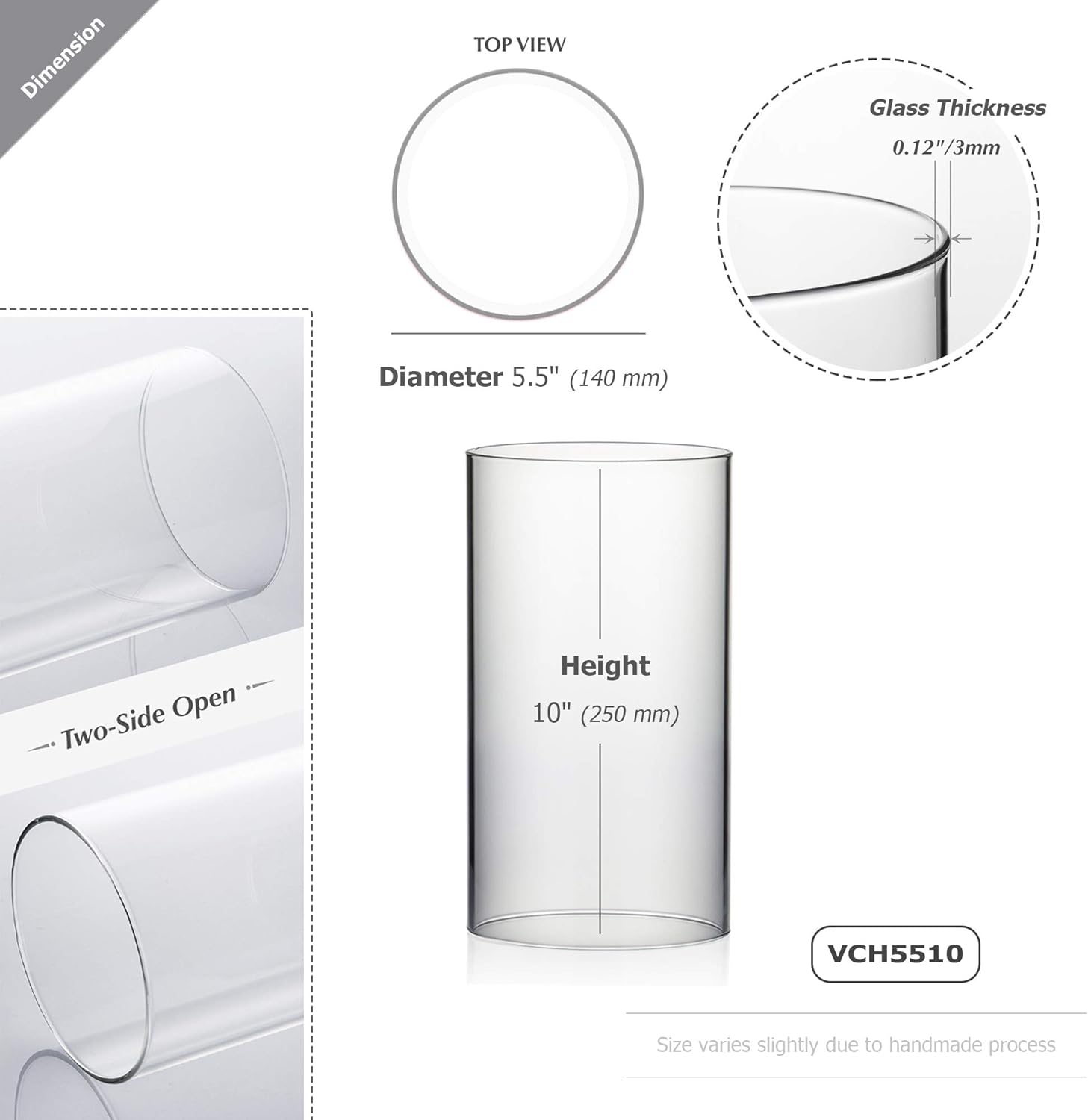 WGVI Hurricane Candle Holder Sleeve, Wide 5.5", Height 10", 2 Pieces, Clear Glass Cylinder Open Both Ends, Chimney Shade Tube (HST5510_2pc)