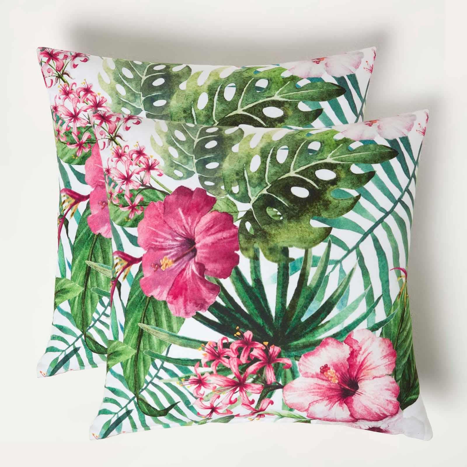 Homescapes Green Luxury Waterproof Botanical Flower Outdoor Cushion 45 X 45 Cm, Set Of 2 In | Size: 45Cm X 45Cm