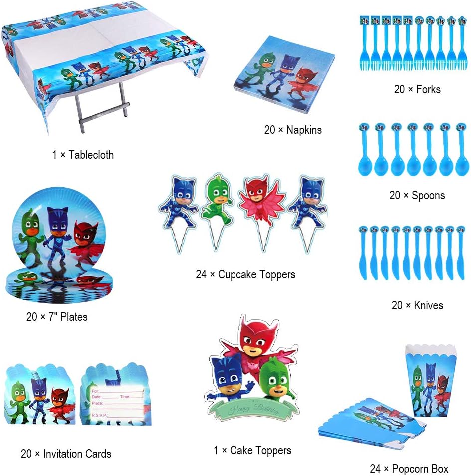230 Pcs PJ Msaks Party Decorations for 20 Guests, PJ Msaks Birthday Party Favors, Party Supplies Pack Includes Tableware, Napkins, Tablecloth, Banner, Pennant, Blowouts, Balloons, Cake Topper